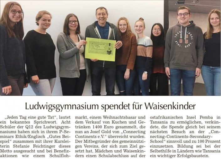 2018-01-23 TAGBLATT. Ludwigsgymnasium spendet für Waisenkinder
