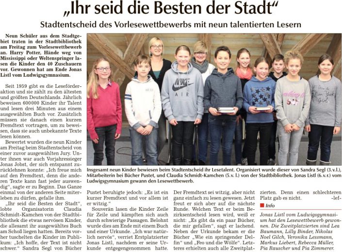 2018-02-12 TAGBLATT. Vorlesewettbewerb Stadtentscheid