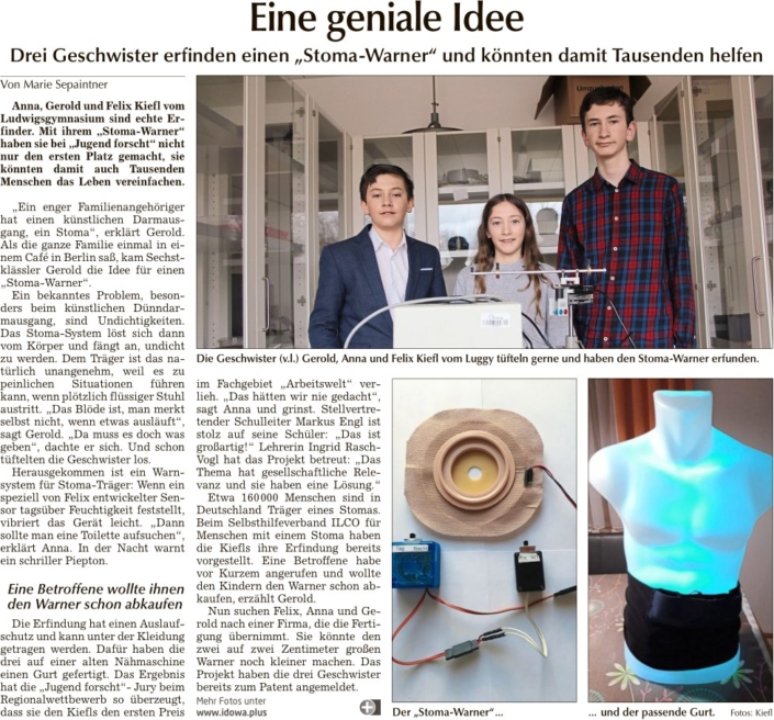 2019-03-16 TAGBLATT. Jugend forscht. Stoma-Warner