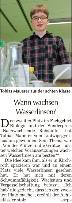2019-03-16 TAGBLATT. Jugend forscht. Wasserlilien